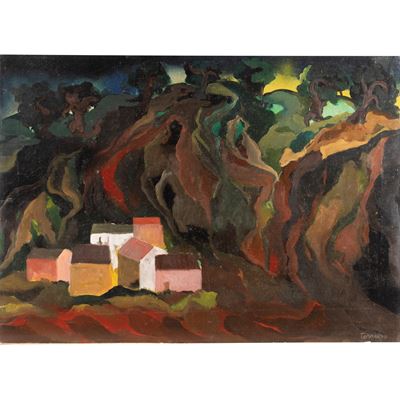 Paesaggio con case, olio su tela