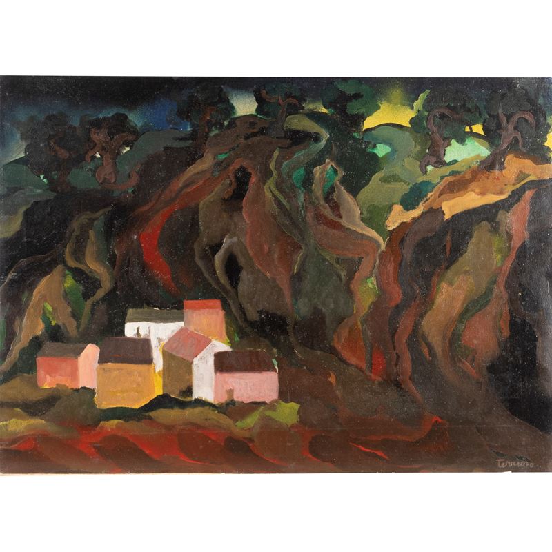 Saverio Terruso - Paesaggio con case, olio su tela