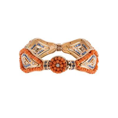 Bracciale in in Oro Rosa 12kt Corallo Zaffiri e Diamanti