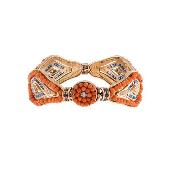 Bracciale in in oro rosa 12kt corallo zaffiri e diamanti