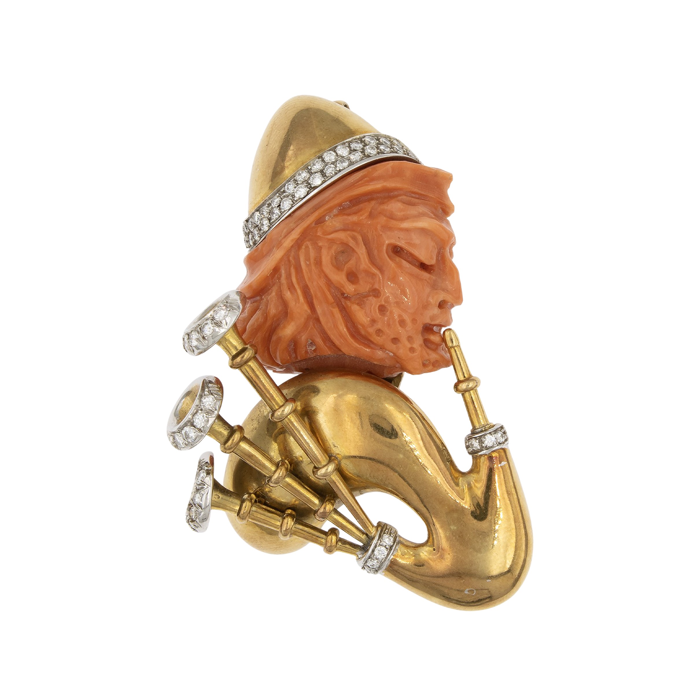 Lunga Collana con Spilla Pendente Raffigurante Suonatore di Cornamusa