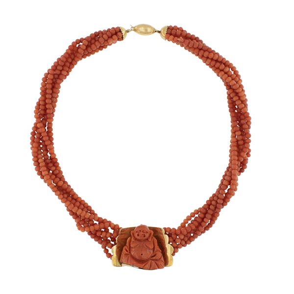 Collana a torchon in corallo e oro giallo 18kt con Budda