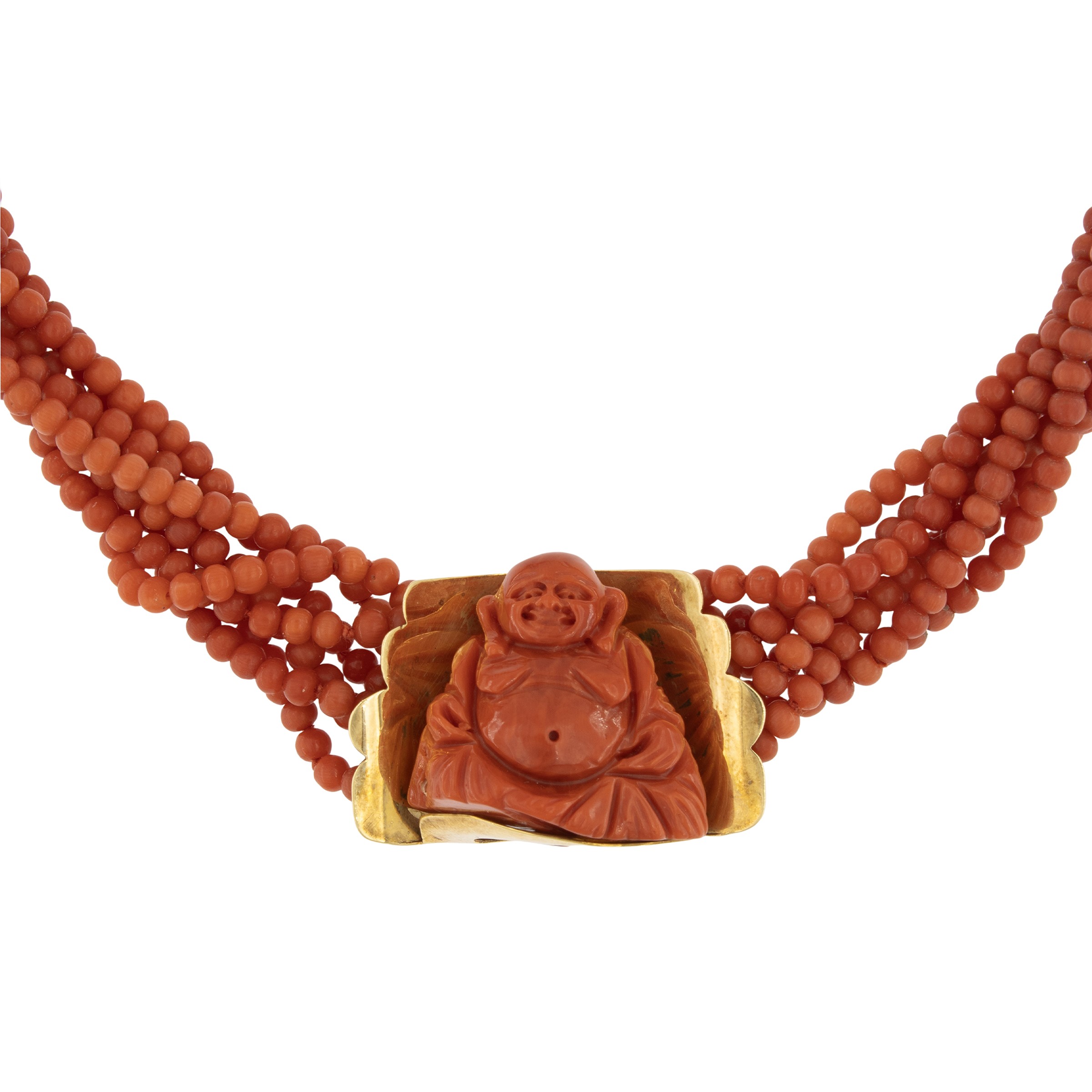 Collana a Torchon in Corallo e Oro Giallo 18kt con Budda