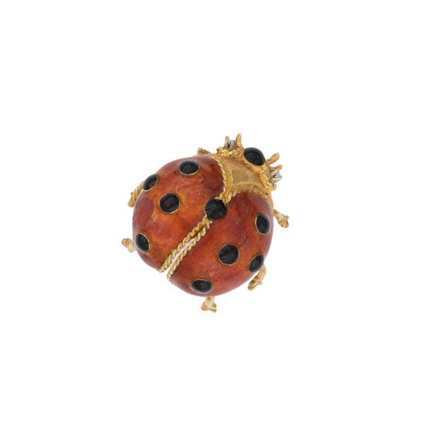 Spilla coccinella in oro giallo 18kt e smalto policromo