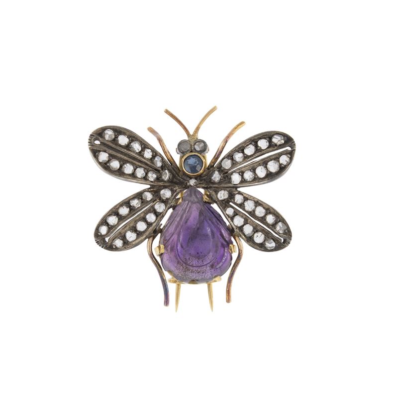 Antica spilla ape in oro giallo e argento