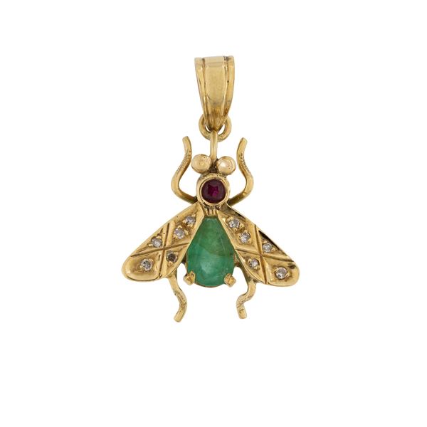 Pendente ape in oro giallo 18kt e smeraldo a goccia
