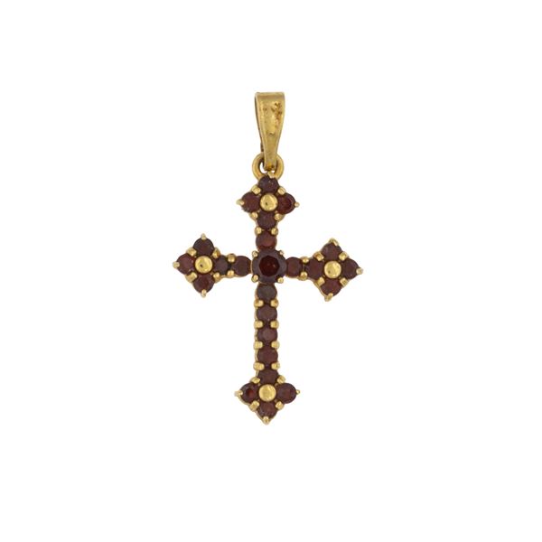 Pendente Croce in oro giallo 18kt e granati tondi
