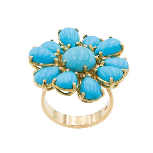 Anello fiore in oro giallo 18kt e pasta di turchese