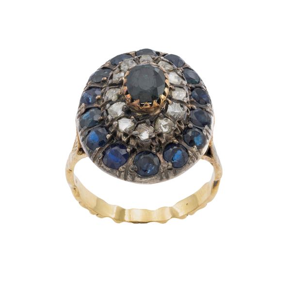 Antique yellow gold and silver sapphire and diamond rose ring