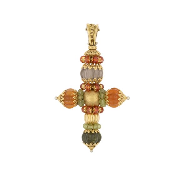 Pendente croce in oro giallo 18kt e quarzi colorati