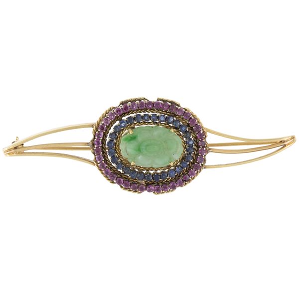 18kt yellow gold and sculpted jade golden motif brooch