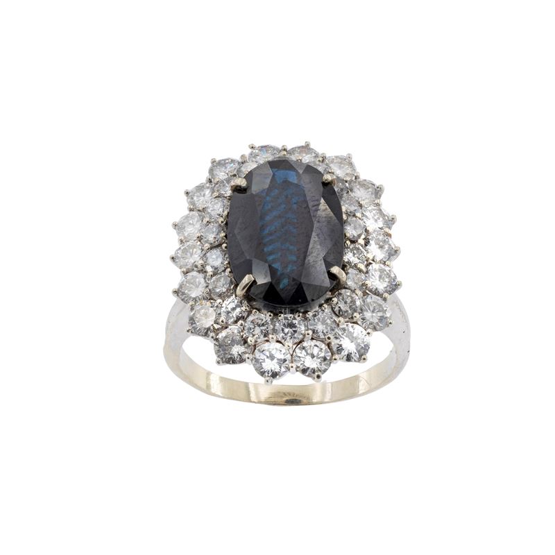 Anello in Oro Bianco 18kt Zaffiro Naturale e Diamanti