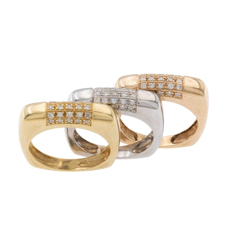 Tre Anelli Squadrati in Oro a Tre Colori 18kt e Diamanti