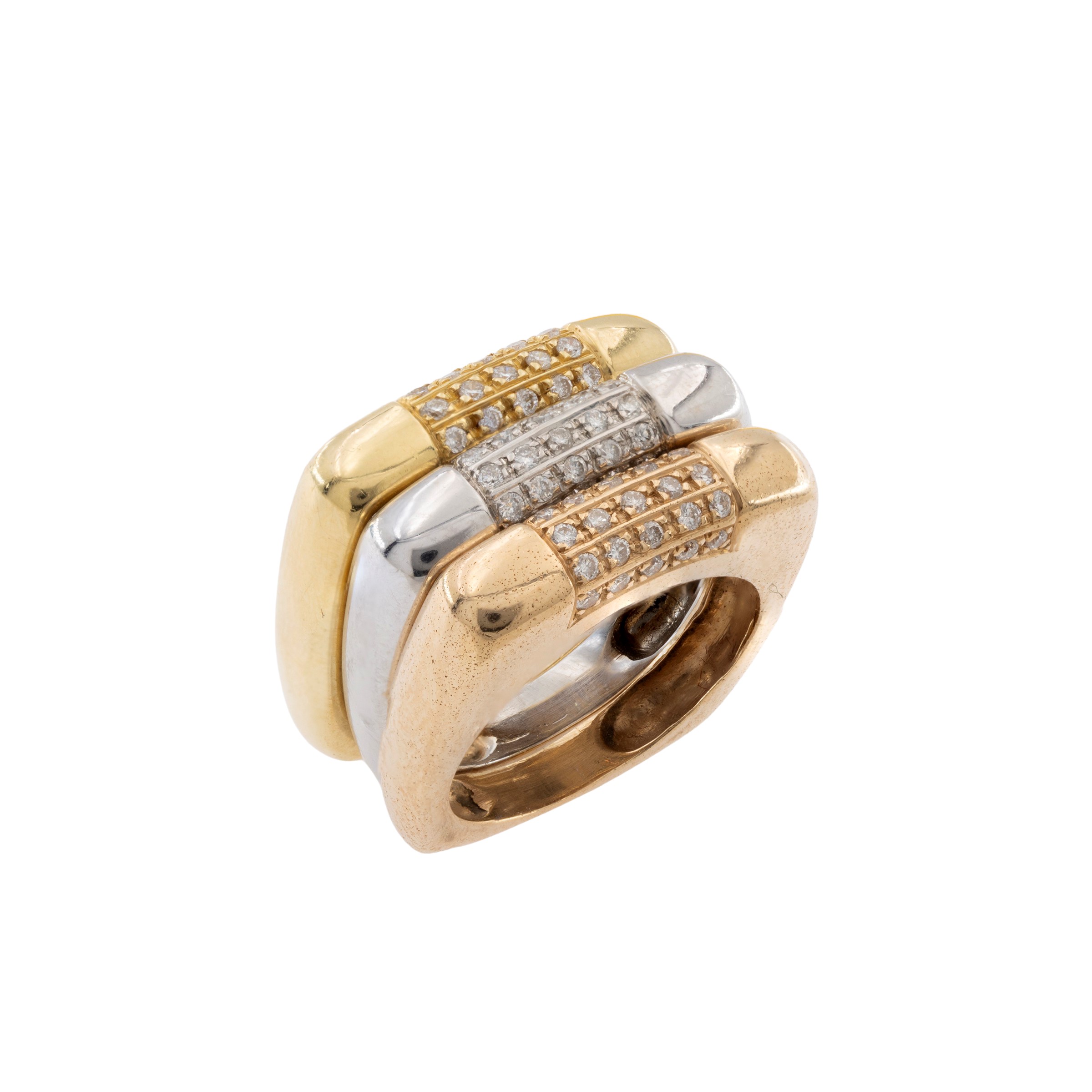 Tre Anelli Squadrati in Oro a Tre Colori 18kt e Diamanti