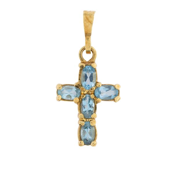 Pendente Croce in oro giallo 18kt con acquamarine