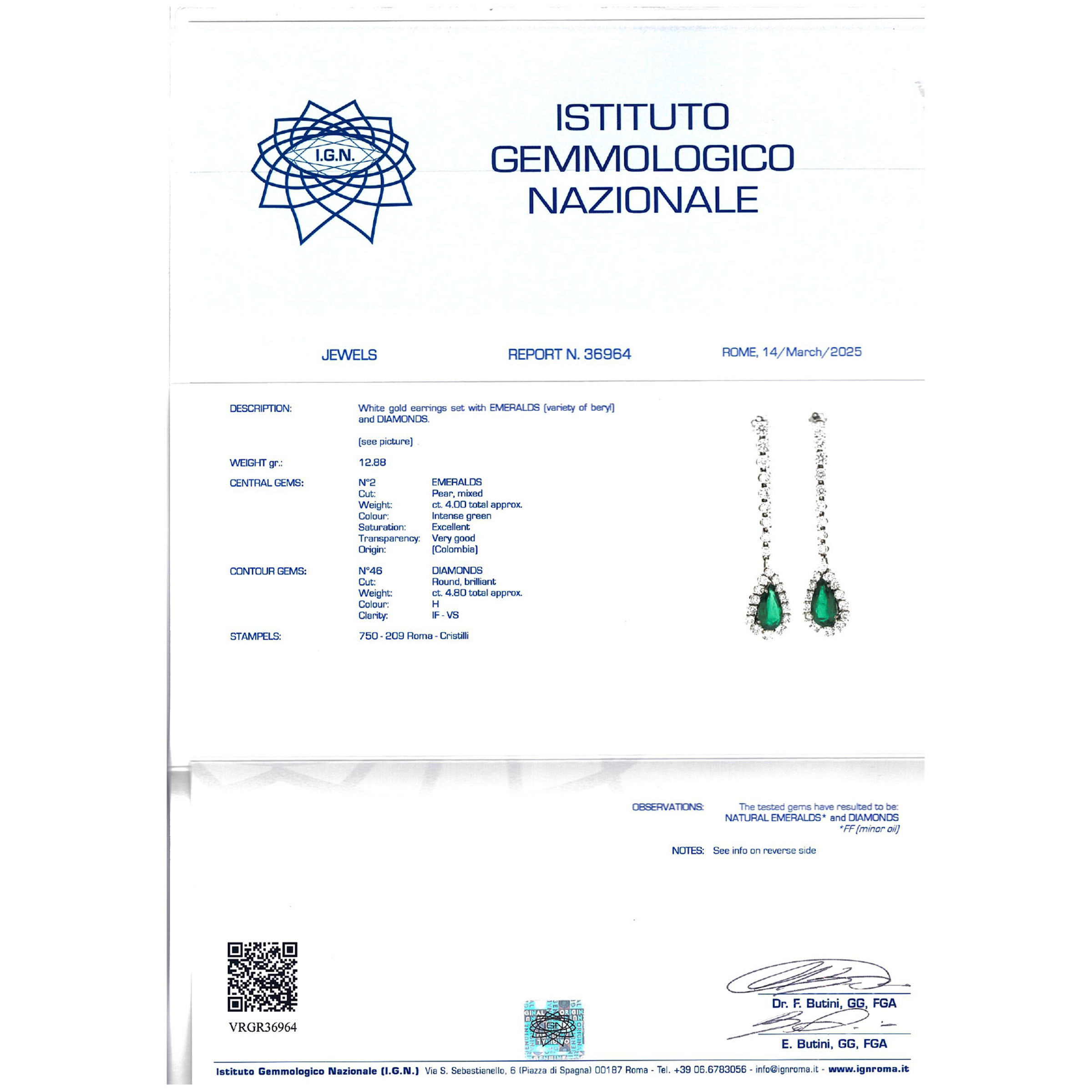 Orecchini Pendenti in Oro Bianco 18kt con Smeraldi Colombiani Naturali