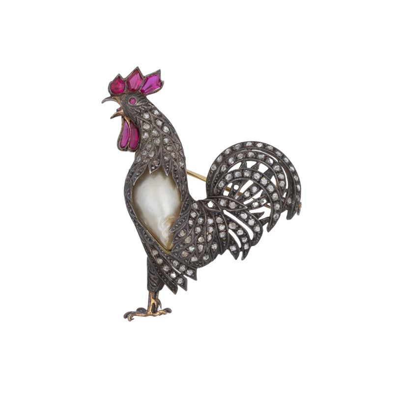 Antica spilla gallo in oro e argento