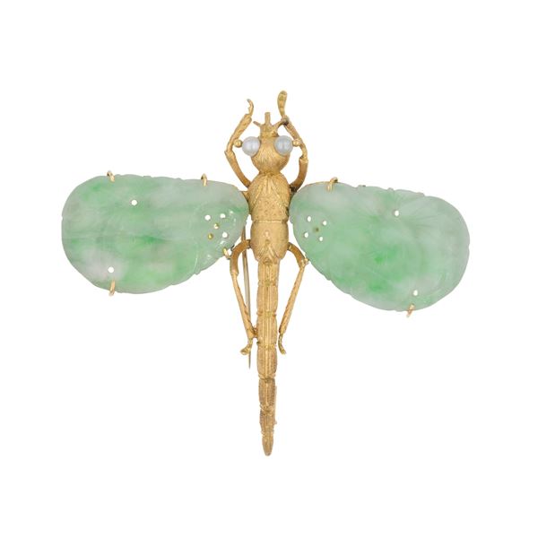 Spilla animalier libellula in oro giallo 18kt e giada