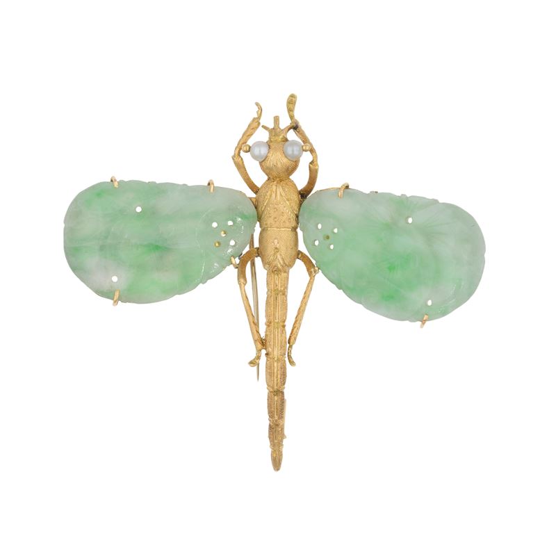 Spilla Animalier Libellula in Oro Giallo 18kt e Giada