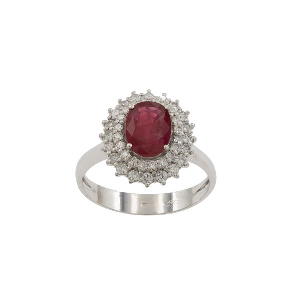 Anello in oro bianco 18kt rubino naturale e diamanti