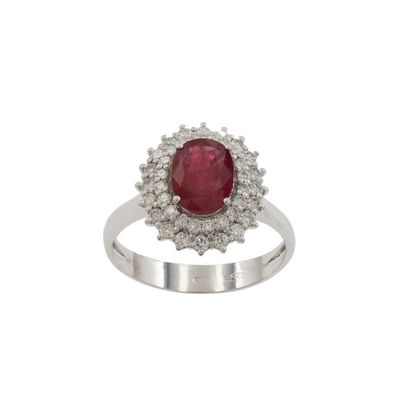 Anello in Oro Bianco 18kt Rubino Naturale e Diamanti