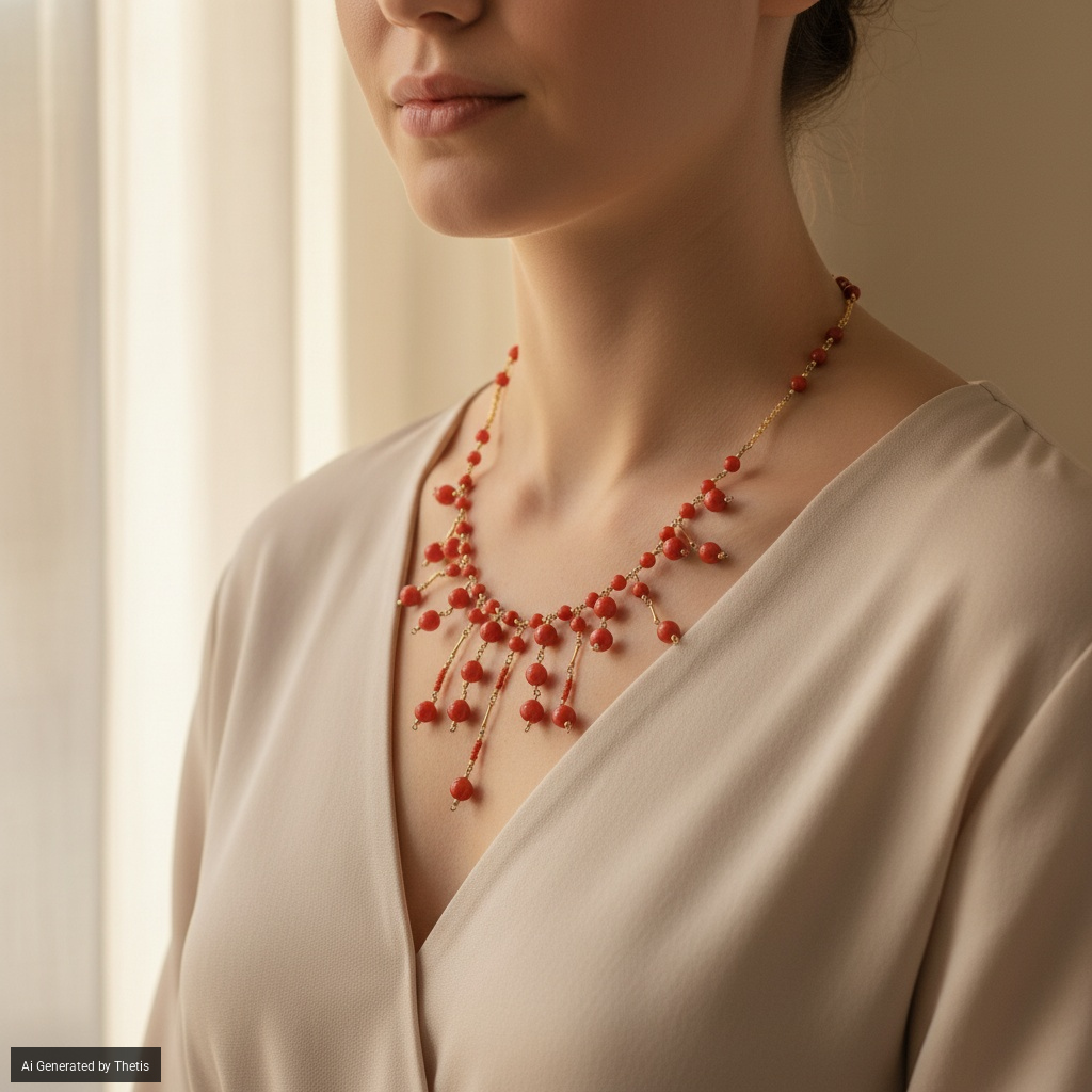 Collana in oro giallo 18kt e boules di corallo rosso