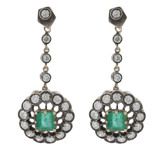 Antique gold and silver, emeralds and diamonds earrings