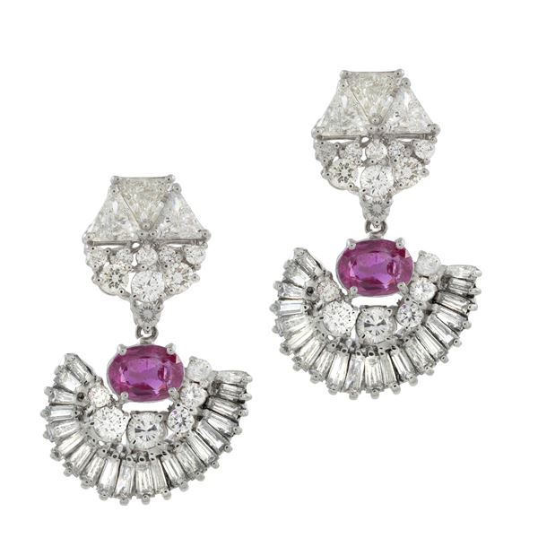 Natural Burmese rubies and diamonds pendant earrings