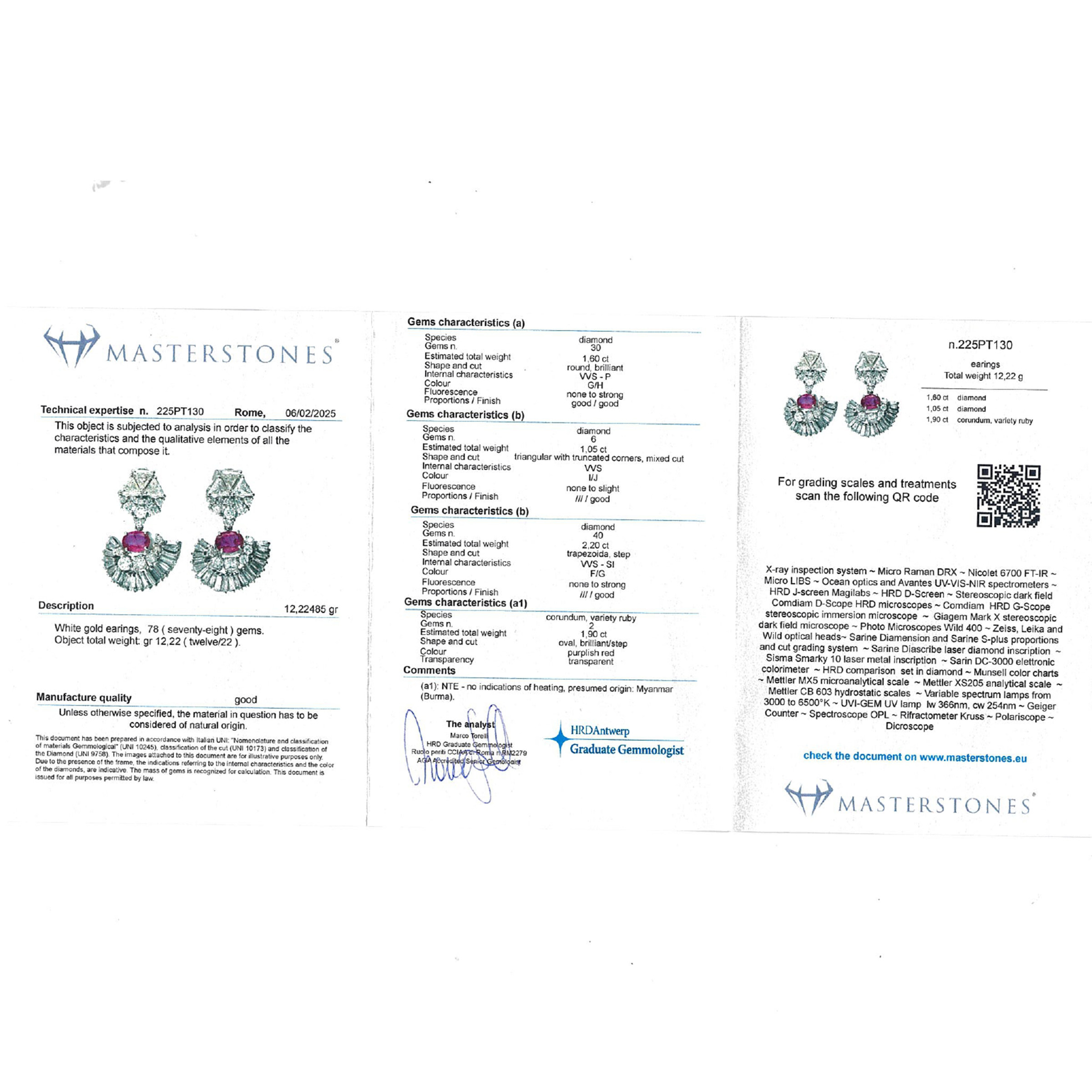 Orecchini pendenti con rubini Birmani naturali e diamanti