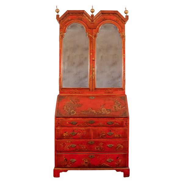Trumeau in legno laccato rosso, dorato e decorato a chinoiserie