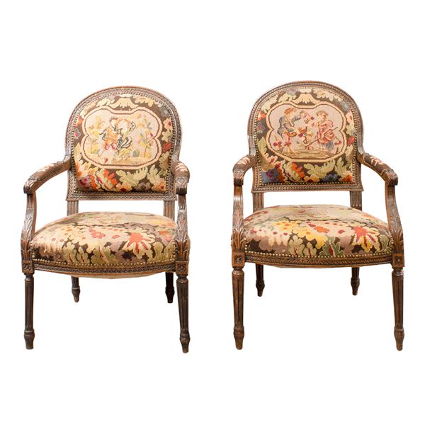 Pair of wooden armchairs with upholstered with tapestry
