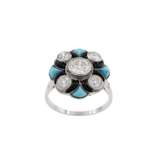 Anello Decò in platino diamanti, turchese e onice nero