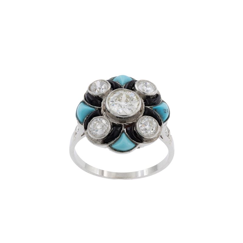 Anello Decò in platino diamanti, turchese e onice nero