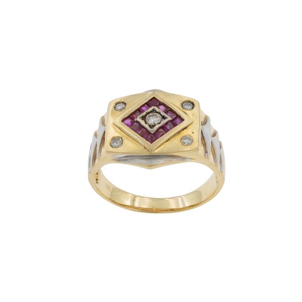 Anello uomo in oro giallo 18kt diamanti e rubini