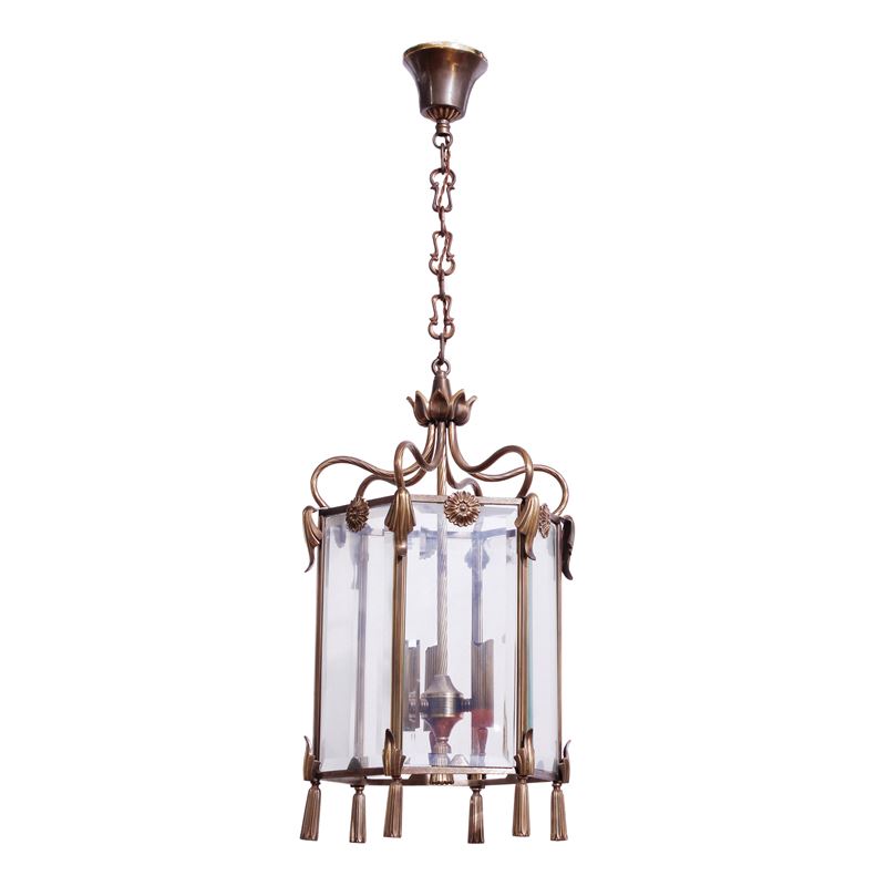 Lanterna in ottone e vetro molato trasparente a tre luci