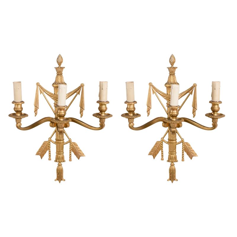 Coppia di Appliques in Bronzo Dorato a Tre Luci