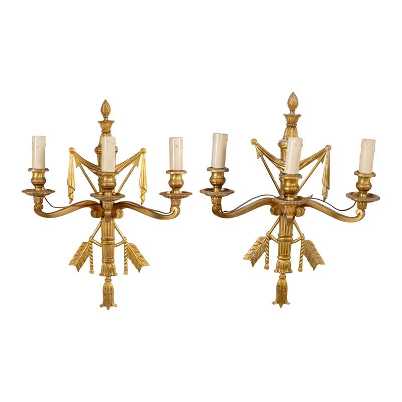 Coppia di Appliques in Bronzo Dorato a Tre Luci
