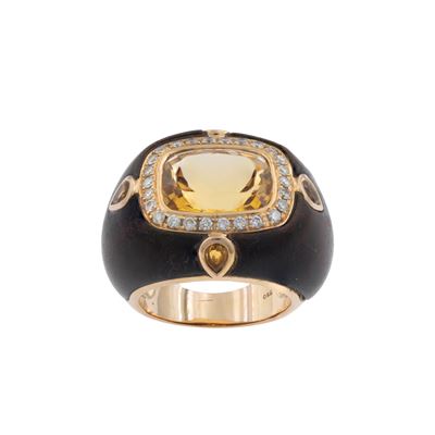 Anello in Oro Giallo 18kt Legno Quarzo Citrino e Diamanti