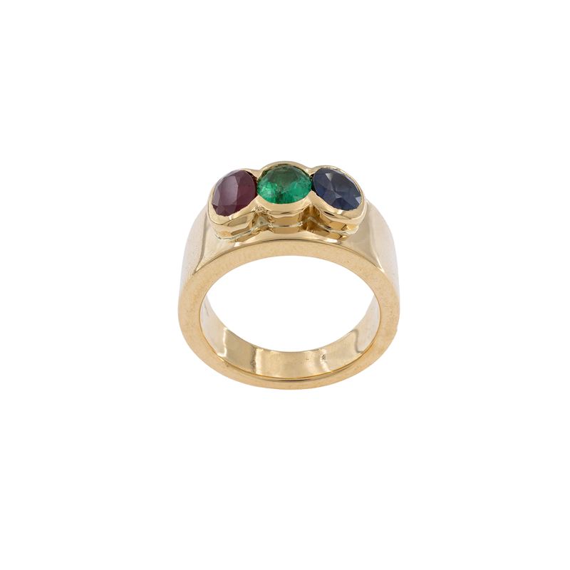 Petochi Anello in Oro Giallo 18kt con Zaffiro, Rubino e Smeraldo