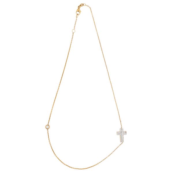 Collana con Croce e punto luce in oro rosa 18kt e diamanti