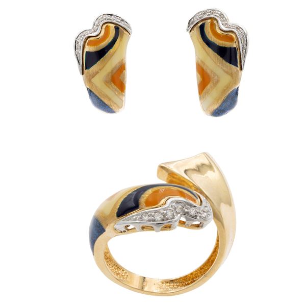 Orecchini e anello in oro giallo 18kt smalto policromo e diamanti