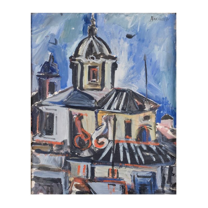 "Veduta con chiesa romana"