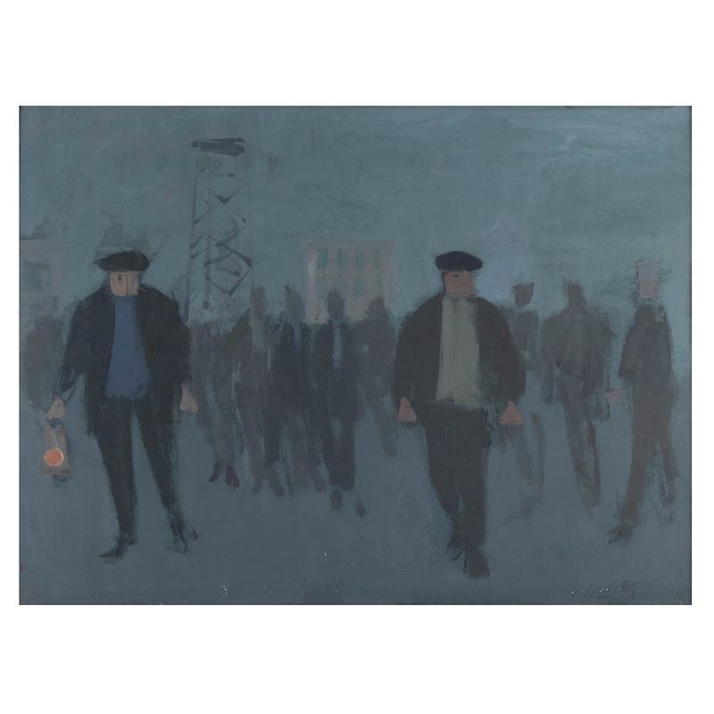 Franco Villoresi - Operai che tornano da lavoro, olio su tela