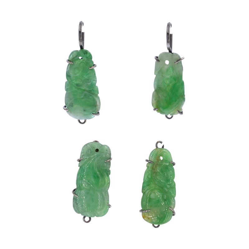 Orecchini pendenti e due elementi in oro bianco 18kt e giada naturale