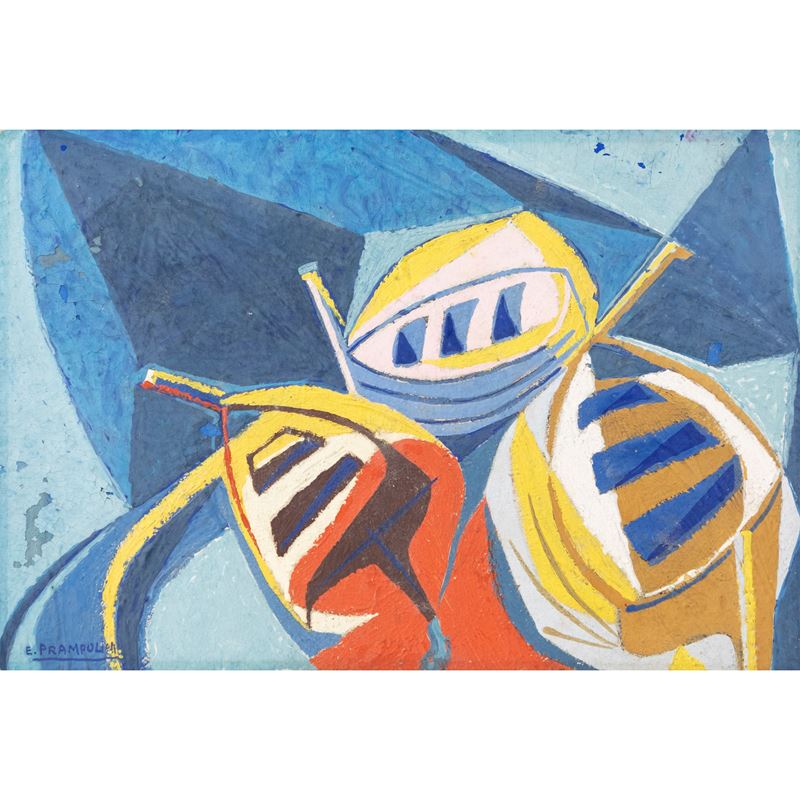 Enrico Prampolini - Mare e barche - tecnica mista su cartone