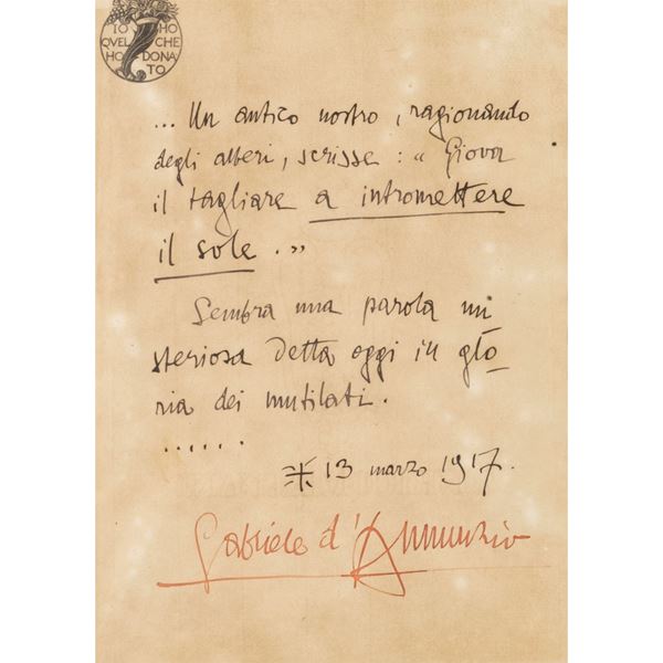 Gabriele D'Annunzio - Manoscritto autografo
