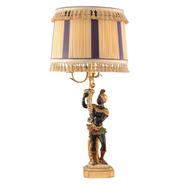 Lampada da tavolo in legno laccato, dorato ed intagliato