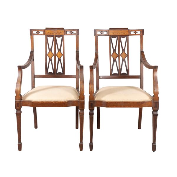 Pair of inlaid and threaded wooden armchairs