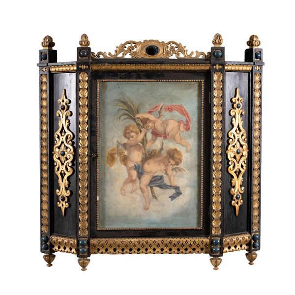 Ebonized, golden and carved wooden furniture
