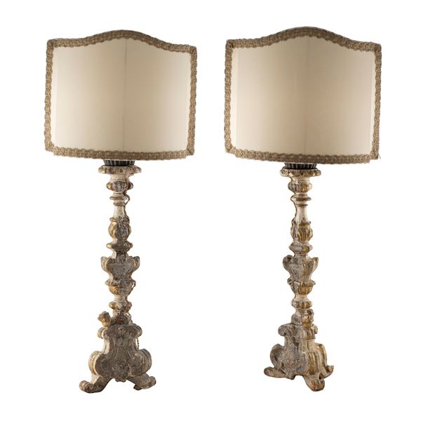 Pair of electrified wood, lacquered and giltwood torchers